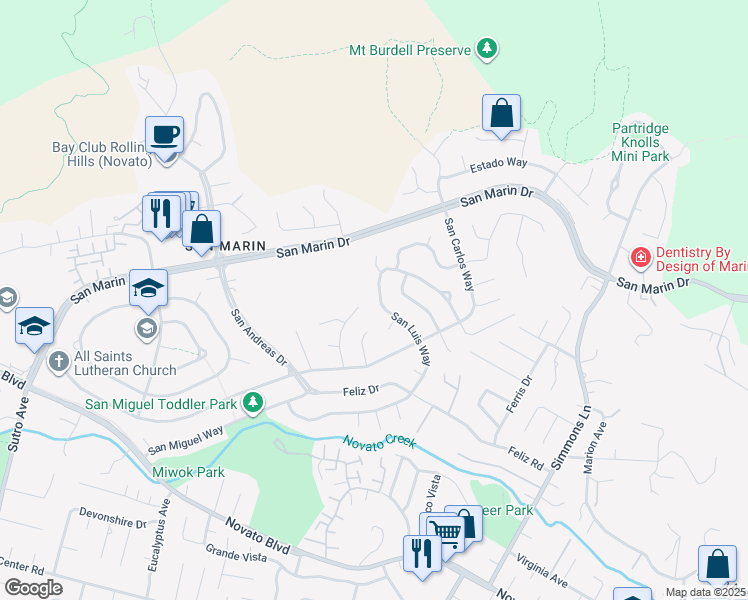 map of restaurants, bars, coffee shops, grocery stores, and more near 339 San Luis Way in Novato