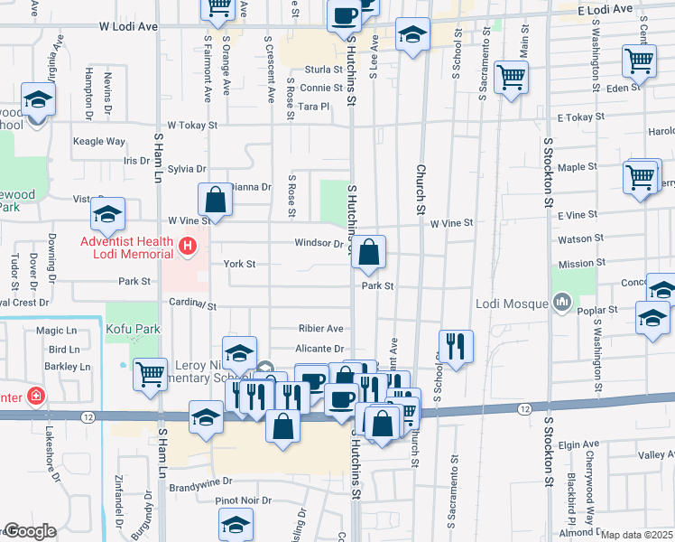 map of restaurants, bars, coffee shops, grocery stores, and more near 512 York Street in Lodi