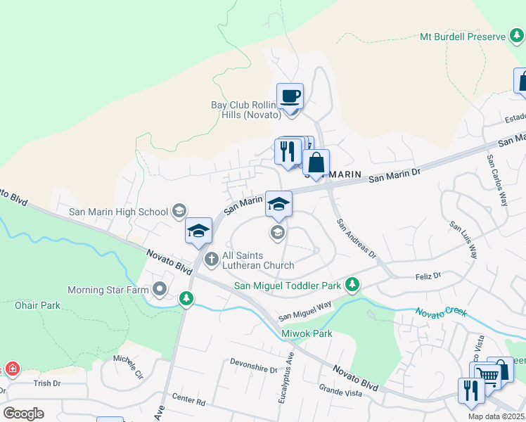 map of restaurants, bars, coffee shops, grocery stores, and more near 222 San Felipe Way in Novato