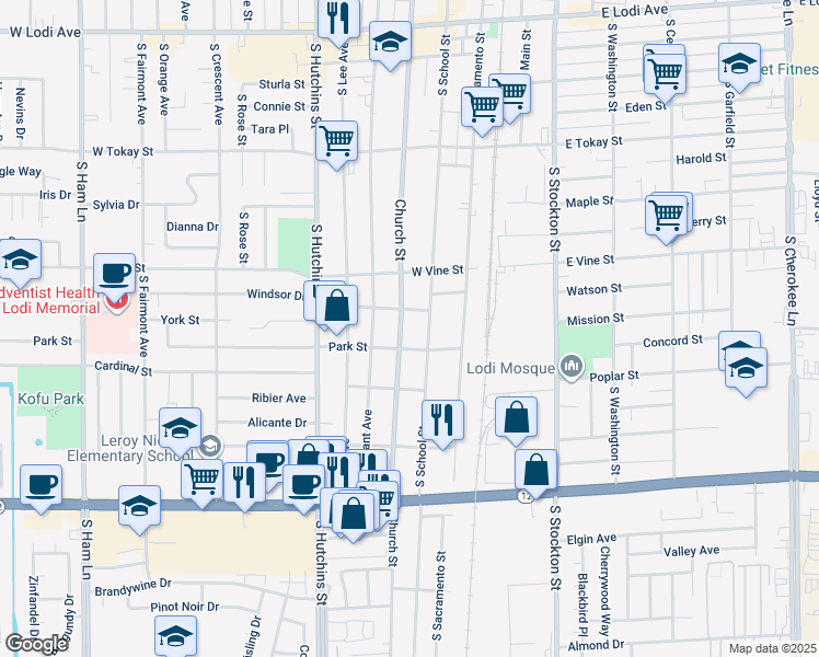 map of restaurants, bars, coffee shops, grocery stores, and more near 1007 South School Street in Lodi