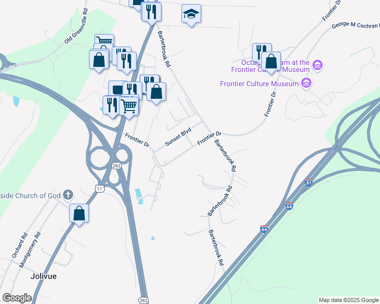 map of restaurants, bars, coffee shops, grocery stores, and more near 350 Frontier Drive in Staunton