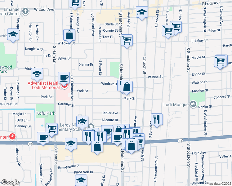 map of restaurants, bars, coffee shops, grocery stores, and more near 512 York Street in Lodi