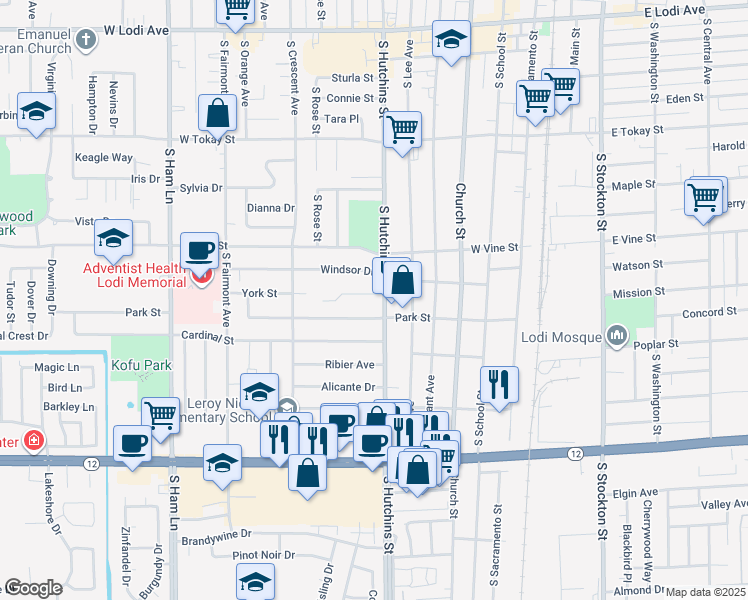 map of restaurants, bars, coffee shops, grocery stores, and more near 506 York Street in Lodi