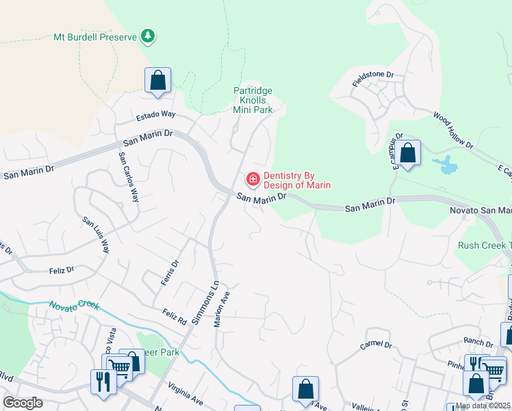 map of restaurants, bars, coffee shops, grocery stores, and more near 1 Sumac Court in Novato