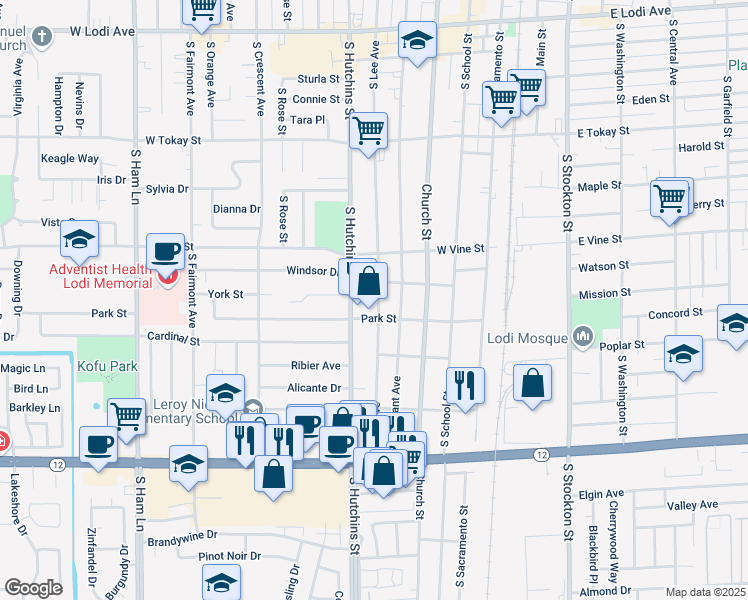 map of restaurants, bars, coffee shops, grocery stores, and more near 1011 South Lee Avenue in Lodi