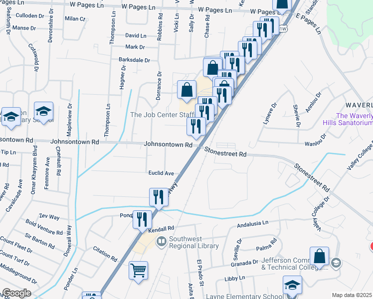 map of restaurants, bars, coffee shops, grocery stores, and more near 5108 Johnsontown Road in Louisville