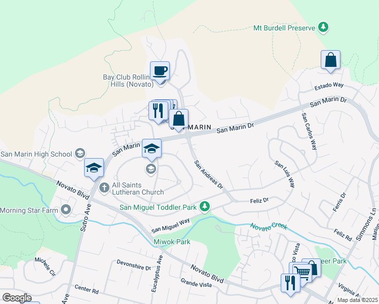 map of restaurants, bars, coffee shops, grocery stores, and more near 187 San Andreas Drive in Novato