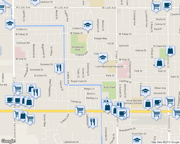 map of restaurants, bars, coffee shops, grocery stores, and more near 1030 Downing Drive in Lodi