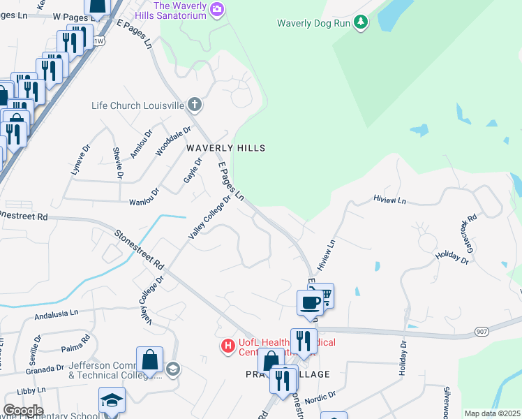 map of restaurants, bars, coffee shops, grocery stores, and more near 4205 East Pages Lane in Louisville