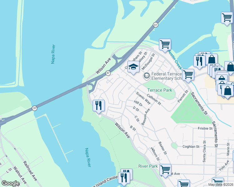 map of restaurants, bars, coffee shops, grocery stores, and more near 248 Starboard Drive in Vallejo