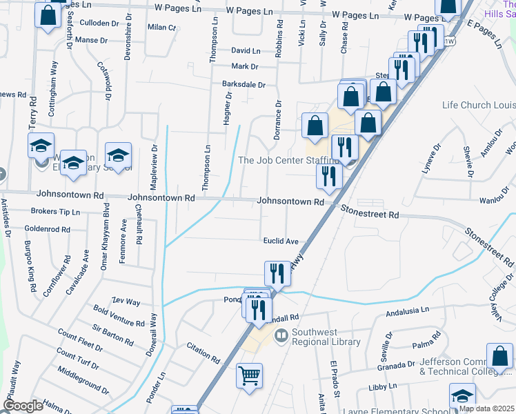 map of restaurants, bars, coffee shops, grocery stores, and more near 9200 Dempley Avenue in Louisville