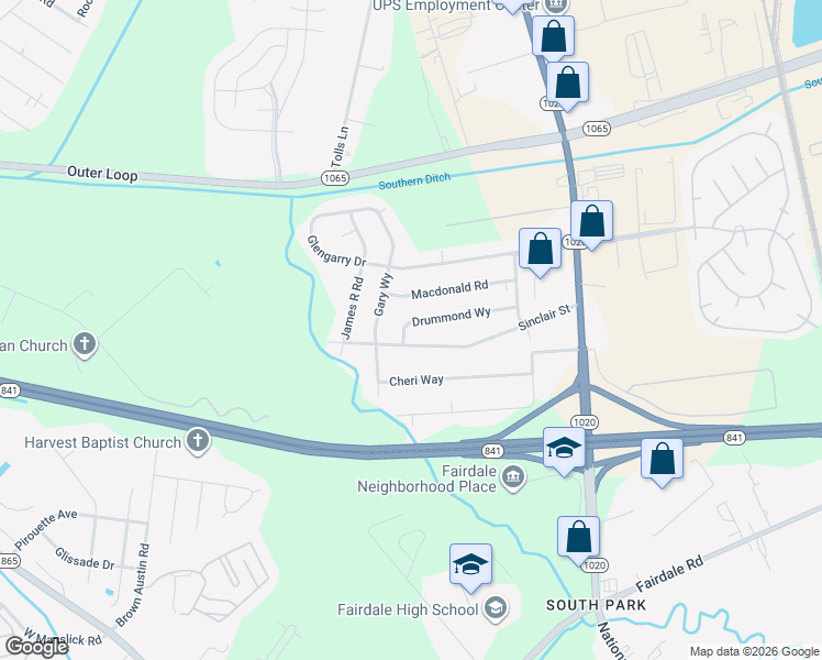 map of restaurants, bars, coffee shops, grocery stores, and more near 604 Drummond Way in Louisville
