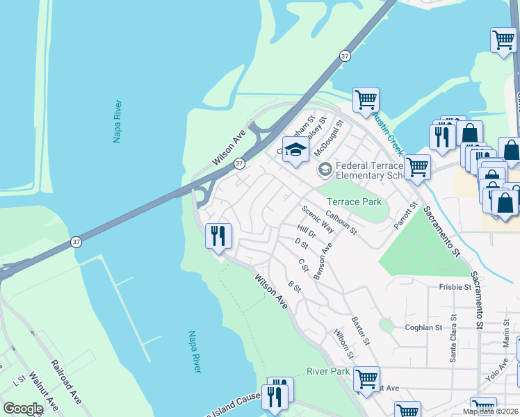 map of restaurants, bars, coffee shops, grocery stores, and more near 248 Starboard Drive in Vallejo