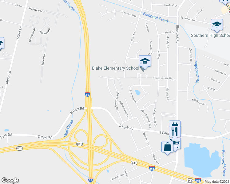 map of restaurants, bars, coffee shops, grocery stores, and more near 8906 Maple Creek Drive in Louisville