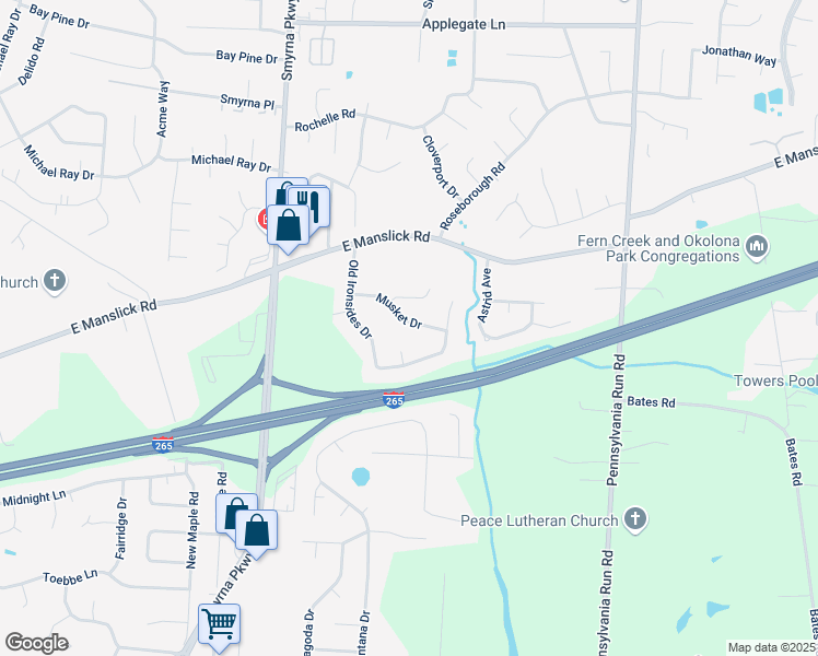 map of restaurants, bars, coffee shops, grocery stores, and more near 6710 Musket Drive in Louisville