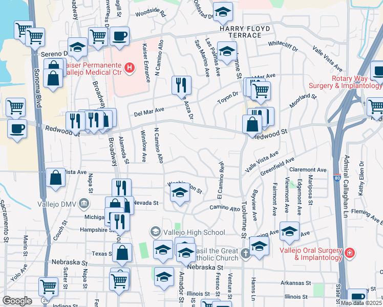 map of restaurants, bars, coffee shops, grocery stores, and more near 101 Serra Drive in Vallejo