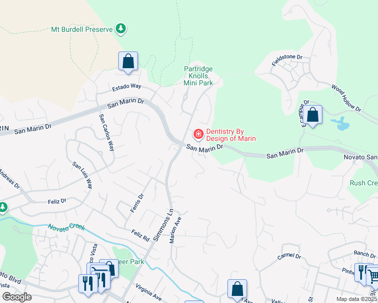 map of restaurants, bars, coffee shops, grocery stores, and more near San Marin Drive in Novato