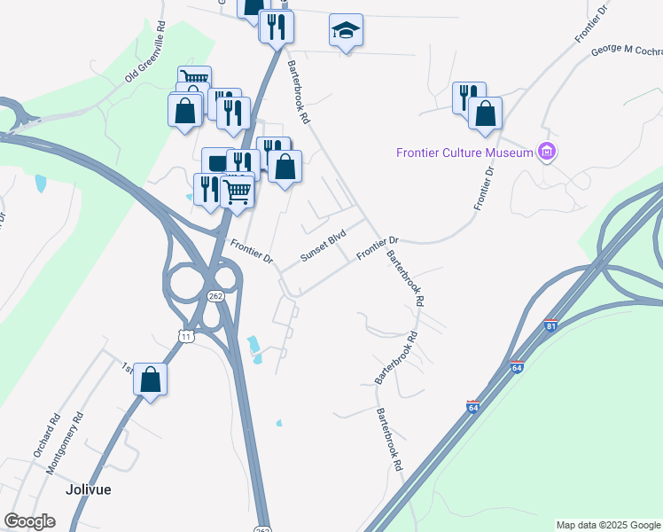 map of restaurants, bars, coffee shops, grocery stores, and more near 359 Frontier Drive in Staunton