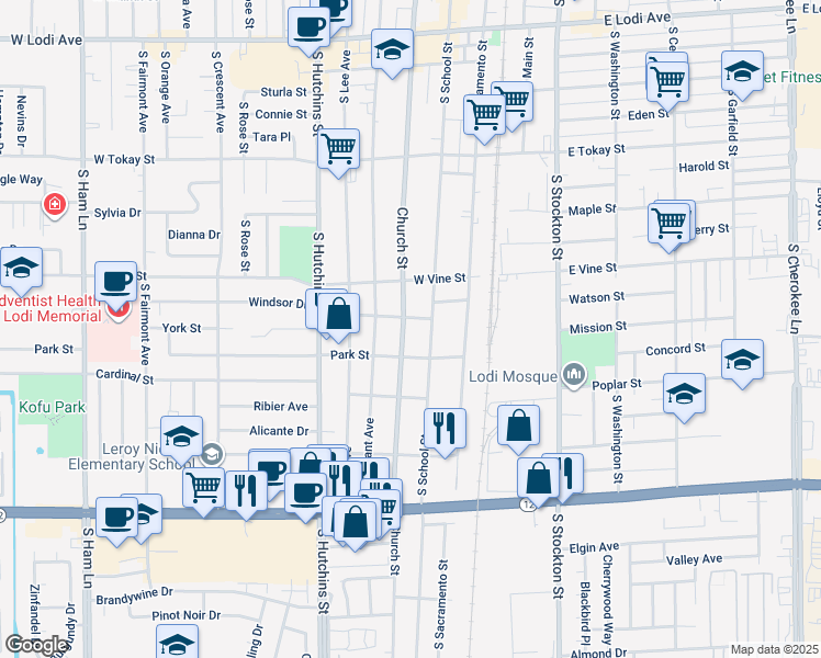 map of restaurants, bars, coffee shops, grocery stores, and more near 1008 Church Street in Lodi