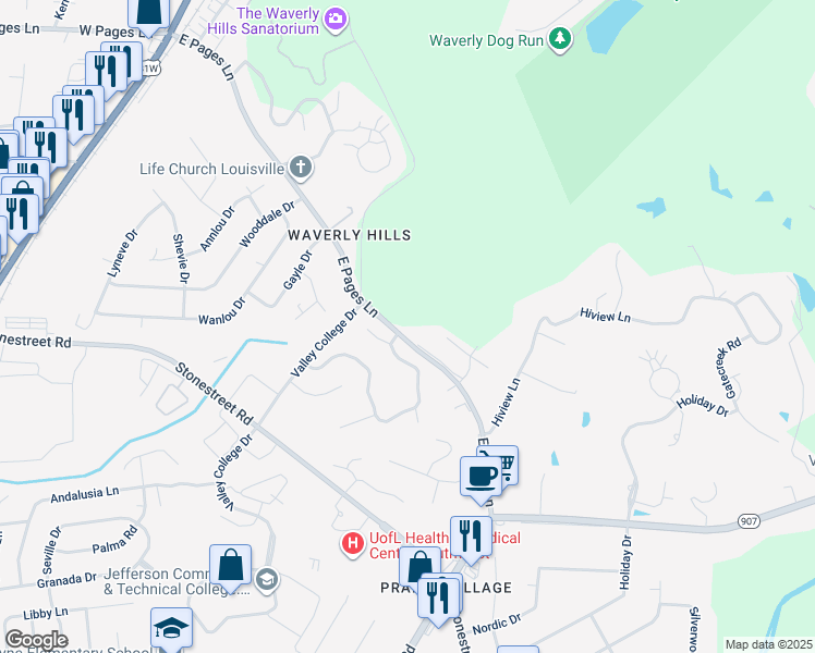 map of restaurants, bars, coffee shops, grocery stores, and more near 4205 East Pages Lane in Louisville