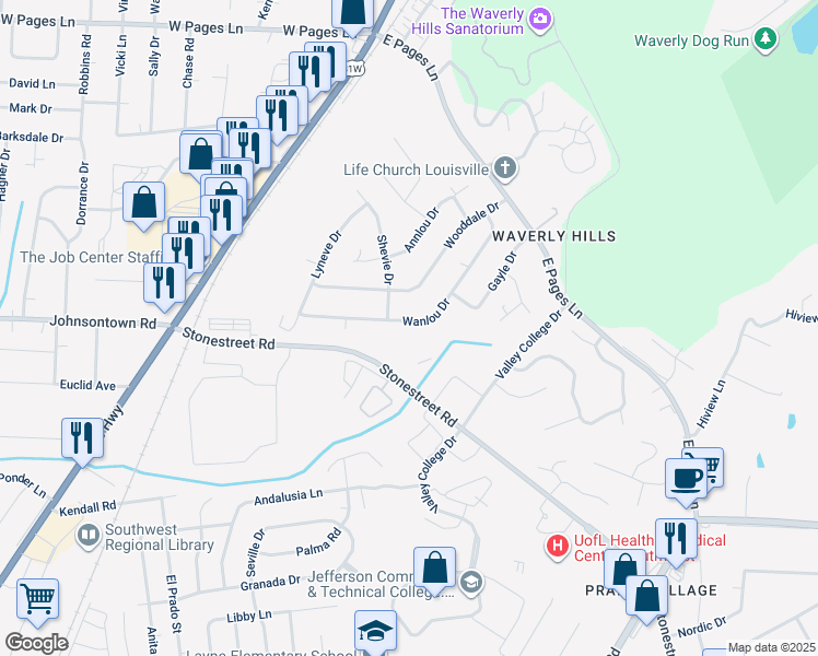 map of restaurants, bars, coffee shops, grocery stores, and more near 9119 Wanlou Drive in Louisville