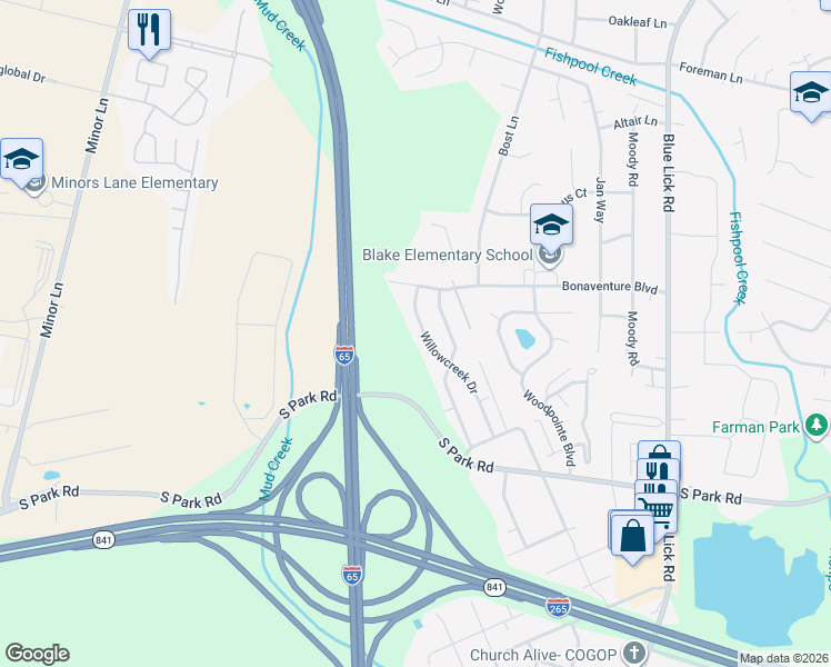 map of restaurants, bars, coffee shops, grocery stores, and more near 8900 Willowcreek Drive in Louisville