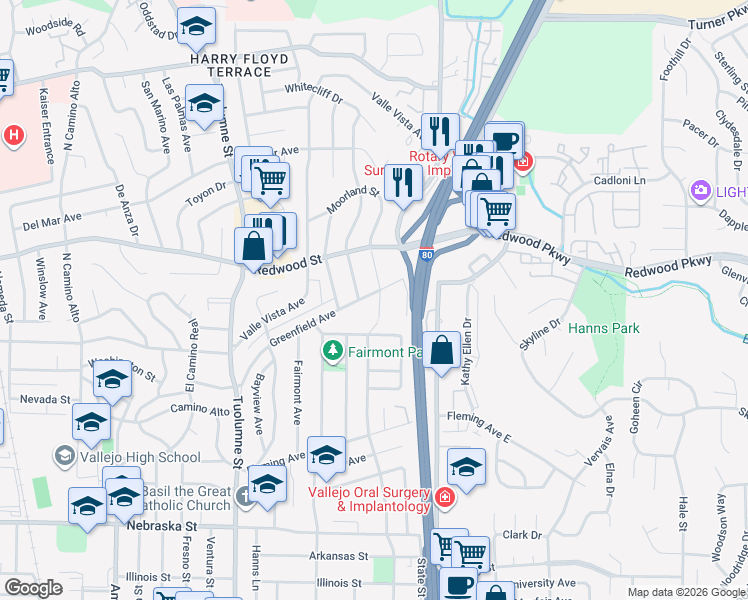 map of restaurants, bars, coffee shops, grocery stores, and more near 227 Greenfield Avenue in Vallejo
