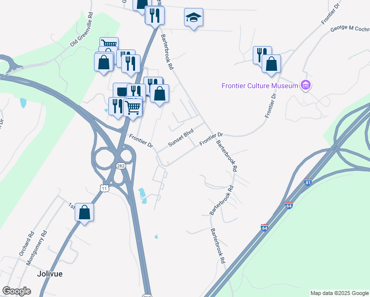 map of restaurants, bars, coffee shops, grocery stores, and more near 359 Frontier Dr in Staunton