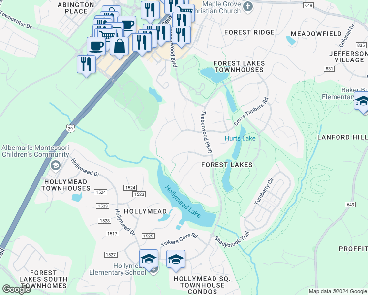 map of restaurants, bars, coffee shops, grocery stores, and more near 1864 Amberfield Drive in Charlottesville