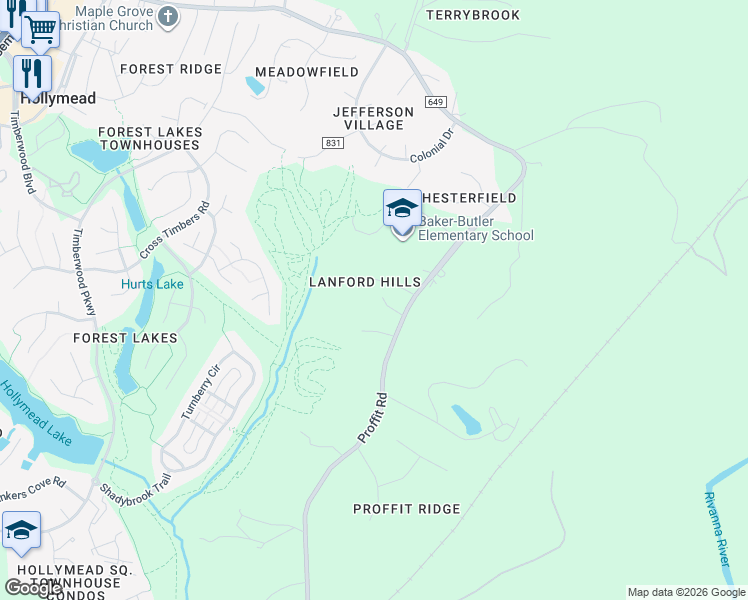 map of restaurants, bars, coffee shops, grocery stores, and more near 2652 Proffit Road in Charlottesville