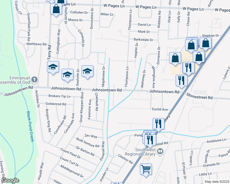map of restaurants, bars, coffee shops, grocery stores, and more near 9201 Camryn Court in Louisville
