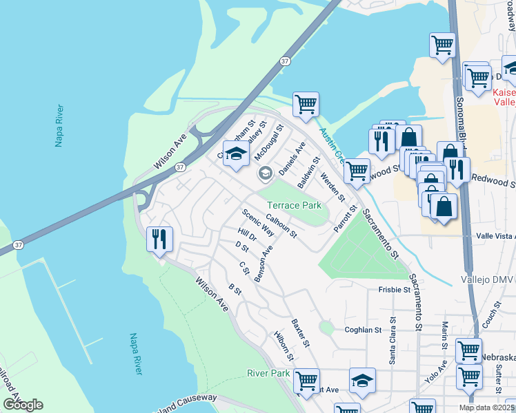 map of restaurants, bars, coffee shops, grocery stores, and more near 146 Calhoun Street in Vallejo