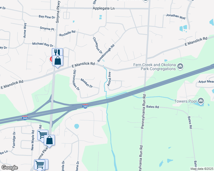 map of restaurants, bars, coffee shops, grocery stores, and more near 8706 Astrid Avenue in Louisville