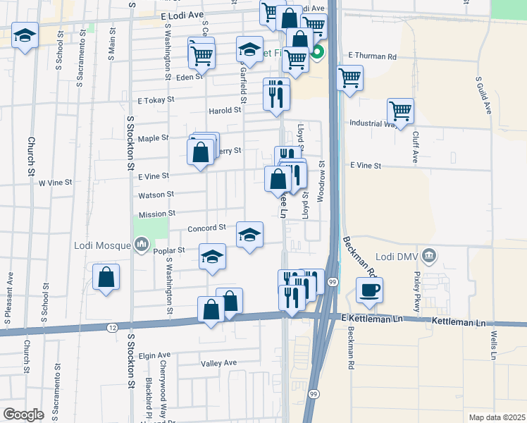 map of restaurants, bars, coffee shops, grocery stores, and more near 1011 California 99 Business in Lodi