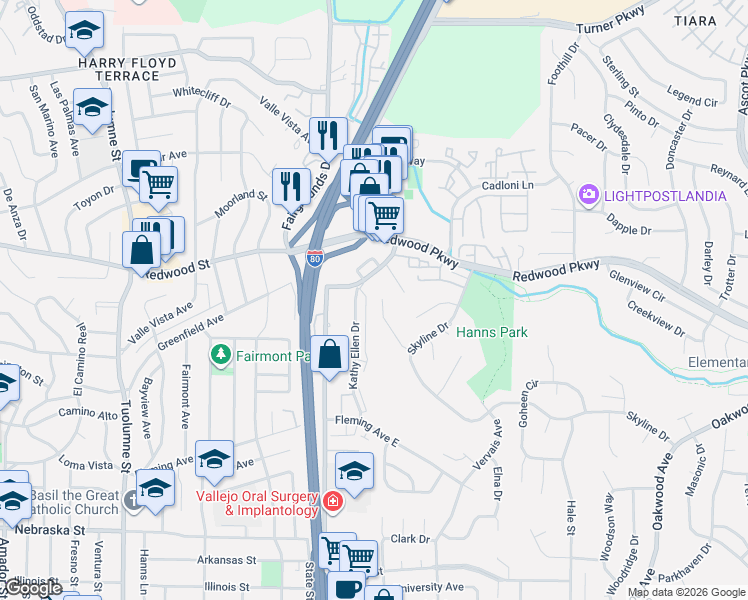 map of restaurants, bars, coffee shops, grocery stores, and more near 292 Kathy Ellen Drive in Vallejo