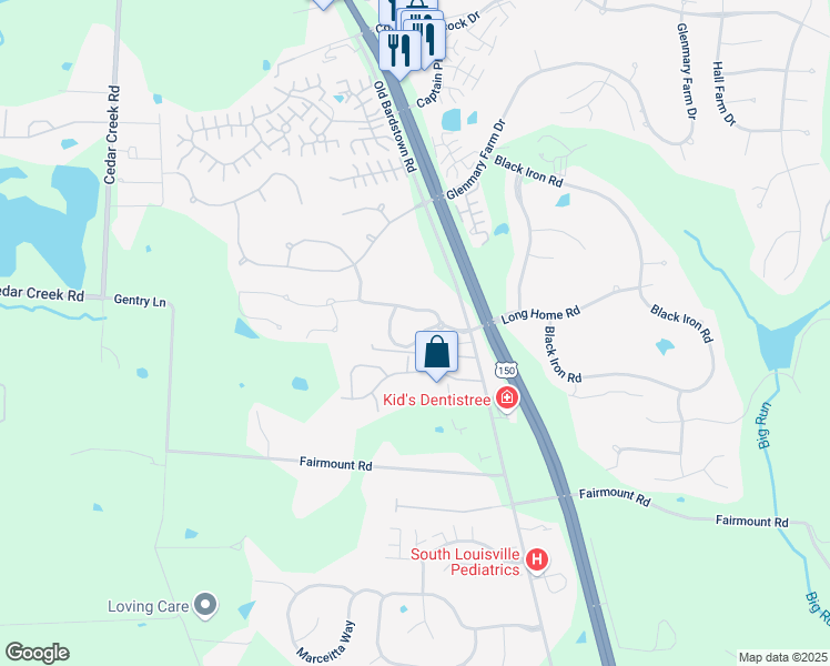 map of restaurants, bars, coffee shops, grocery stores, and more near 8601 Landwood Way in Louisville