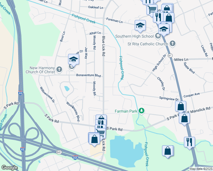 map of restaurants, bars, coffee shops, grocery stores, and more near 8901 Blue Lick Road in Louisville