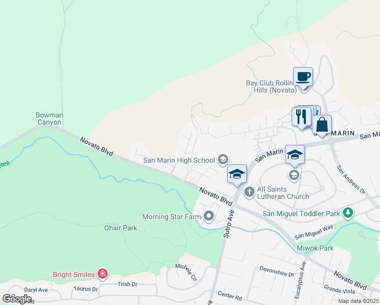 map of restaurants, bars, coffee shops, grocery stores, and more near 44 Sandy Creek Way in Novato