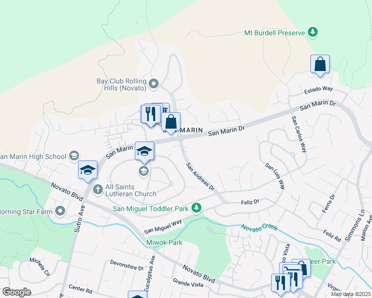 map of restaurants, bars, coffee shops, grocery stores, and more near 187 San Andreas Drive in Novato