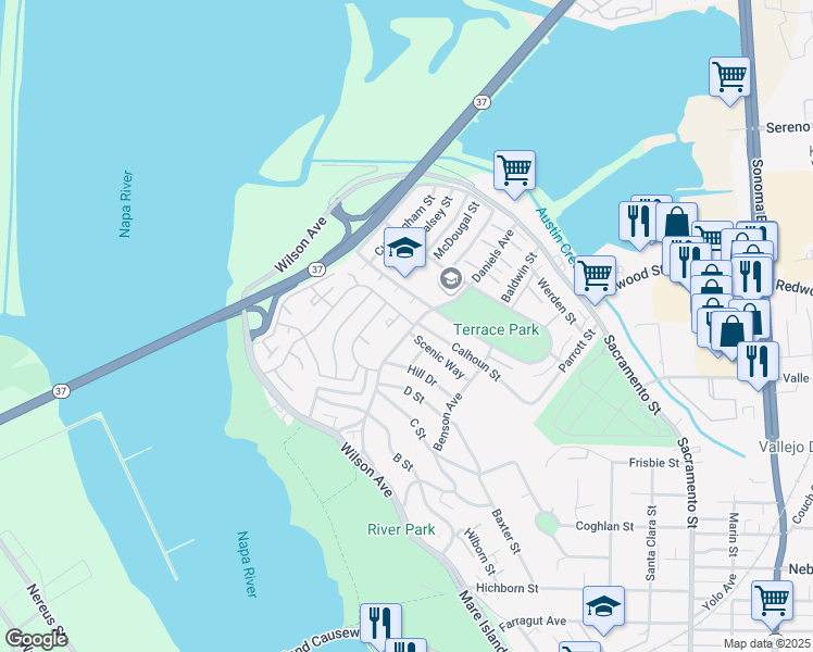 map of restaurants, bars, coffee shops, grocery stores, and more near 275 Daniels Avenue in Vallejo