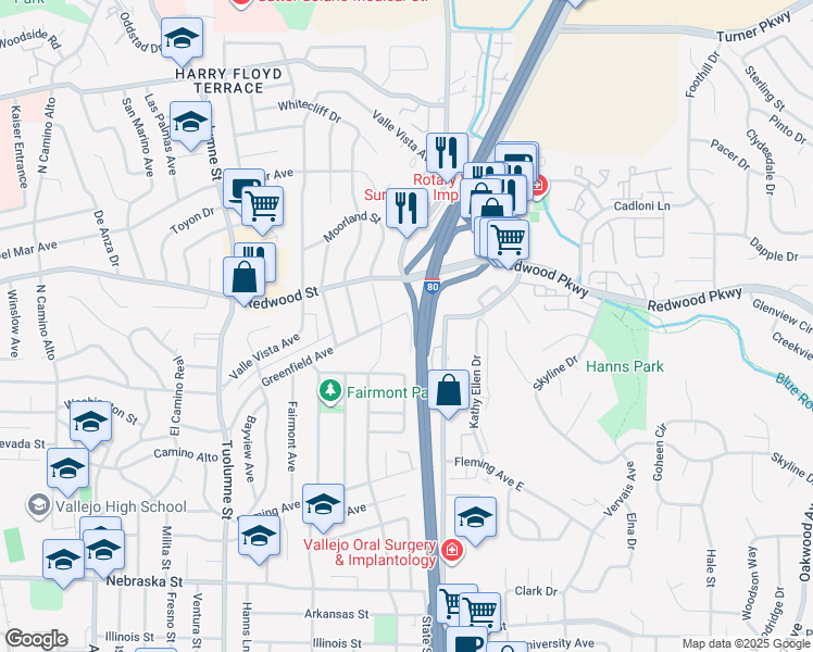 map of restaurants, bars, coffee shops, grocery stores, and more near 3 Greenfield Court in Vallejo