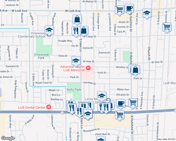 map of restaurants, bars, coffee shops, grocery stores, and more near 975 South Fairmont Avenue in Lodi