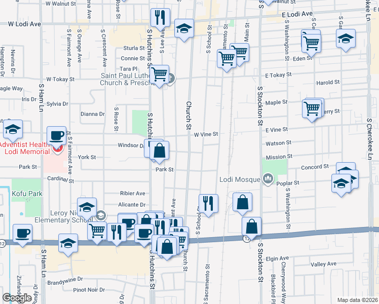 map of restaurants, bars, coffee shops, grocery stores, and more near Church Street in Lodi