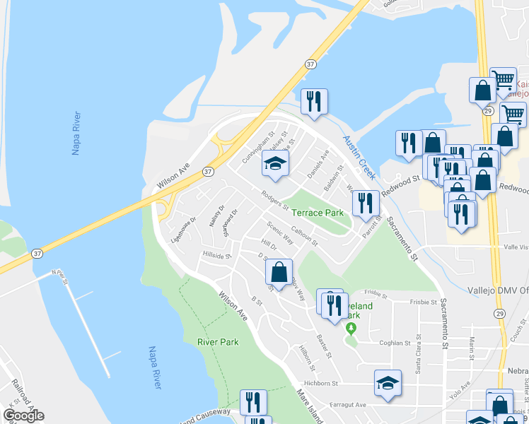 map of restaurants, bars, coffee shops, grocery stores, and more near Daniels Avenue in Vallejo