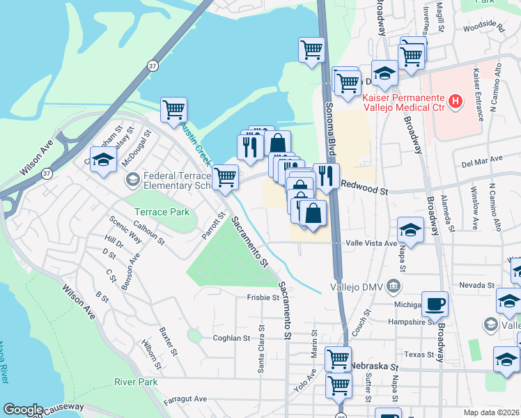 map of restaurants, bars, coffee shops, grocery stores, and more near 88 Valle Vista Avenue in Vallejo