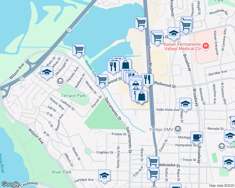 map of restaurants, bars, coffee shops, grocery stores, and more near 88 Valle Vista Avenue in Vallejo