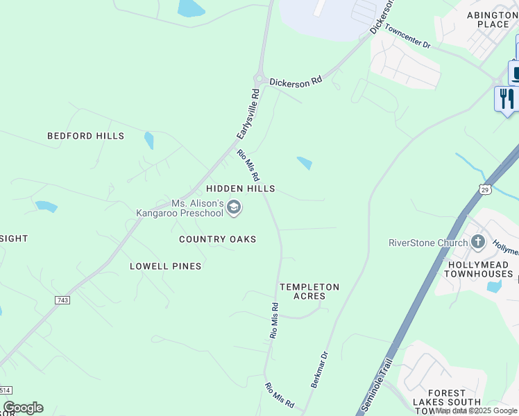 map of restaurants, bars, coffee shops, grocery stores, and more near 2738 Rio Mills Road in Earlysville