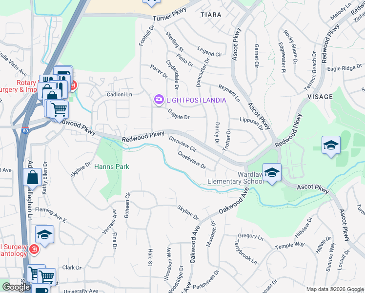 map of restaurants, bars, coffee shops, grocery stores, and more near 136 Creekview Drive in Vallejo