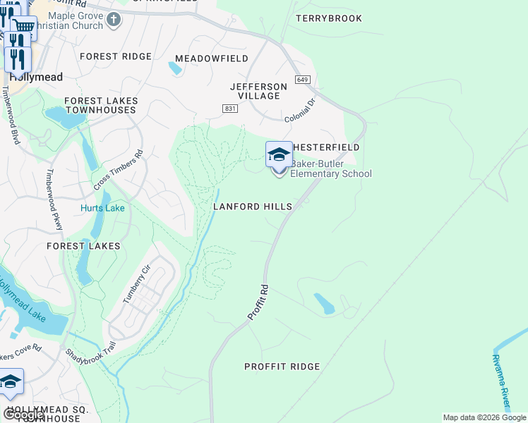 map of restaurants, bars, coffee shops, grocery stores, and more near 2652 Proffit Road in Charlottesville