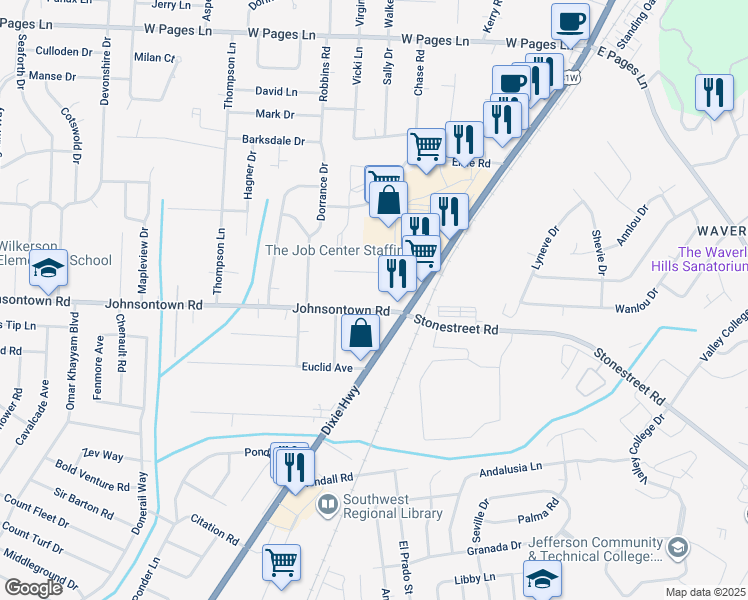 map of restaurants, bars, coffee shops, grocery stores, and more near 5108 Johnsontown Road in Louisville